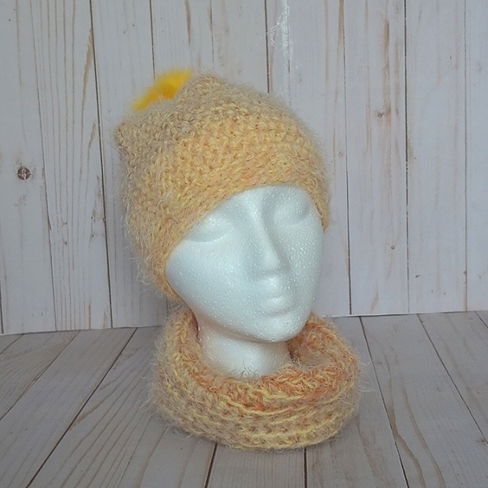 Hand crocheted beanie with a faux fur pom and cowl scarf set